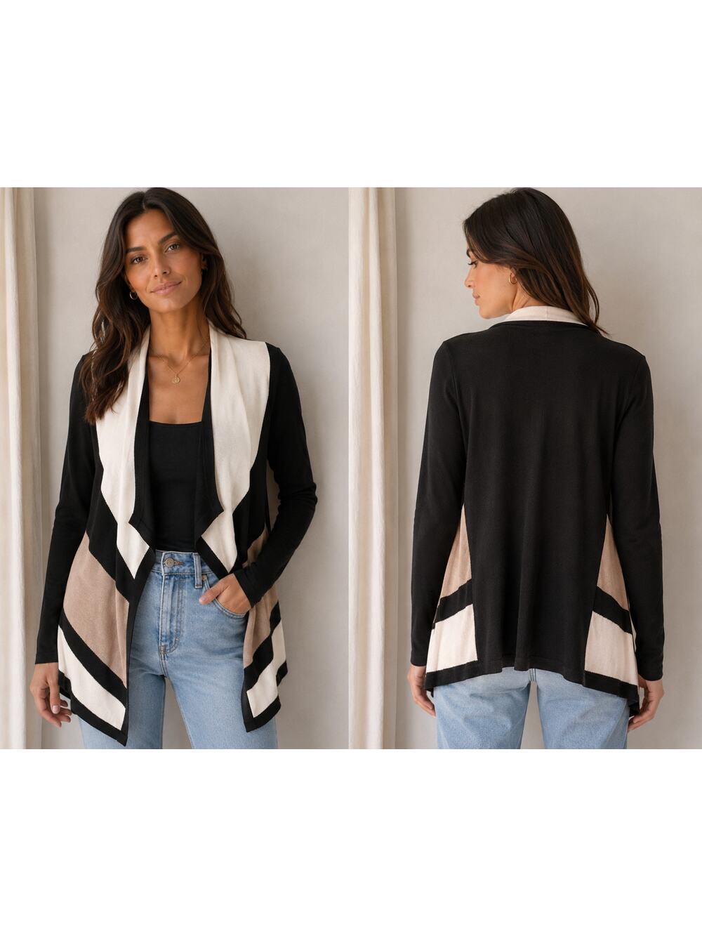 Verve Ami Black Cream & Taupe Colorblock Open Front Drape Cardigan Size Small
